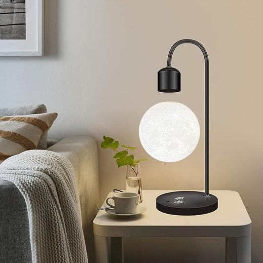 Magnetic Levitating Moon Lamp Levitation Plastic Black Table LED Night Light Zero-Gravity Floating Desk Toys for Decoration Gifts Present with Phone Wireless Charging Pad